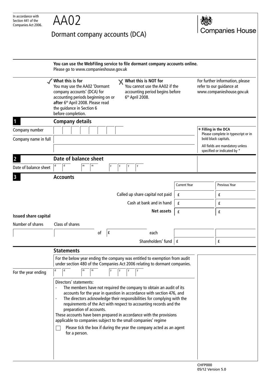 Form AA02 Dormant Company Accounts (Dca) - United Kingdom, Page 1
