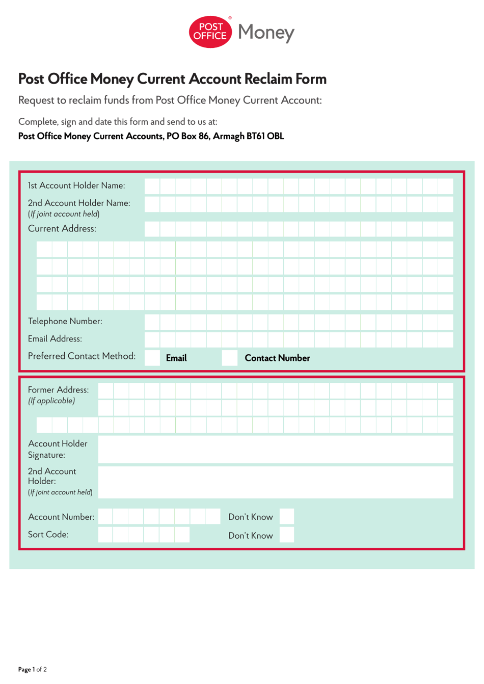 Post Office Money Current Account Reclaim Form - United Kingdom, Page 1