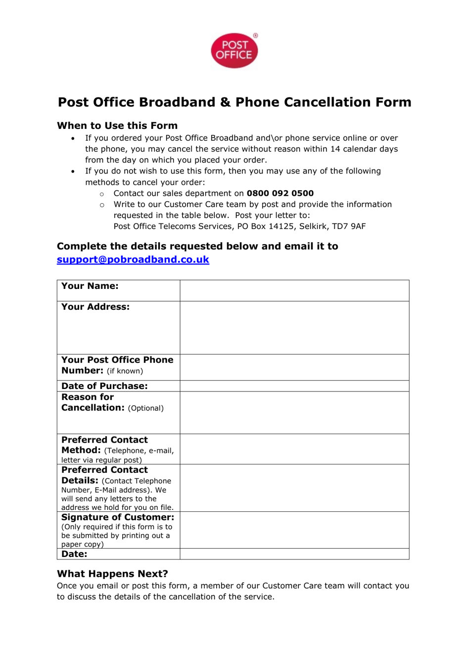 Post Office Broadband  Phone Cancellation Form - United Kingdom, Page 1