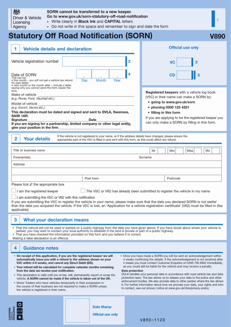 Form V890 Statutory off Road Notification (Sorn) - United Kingdom