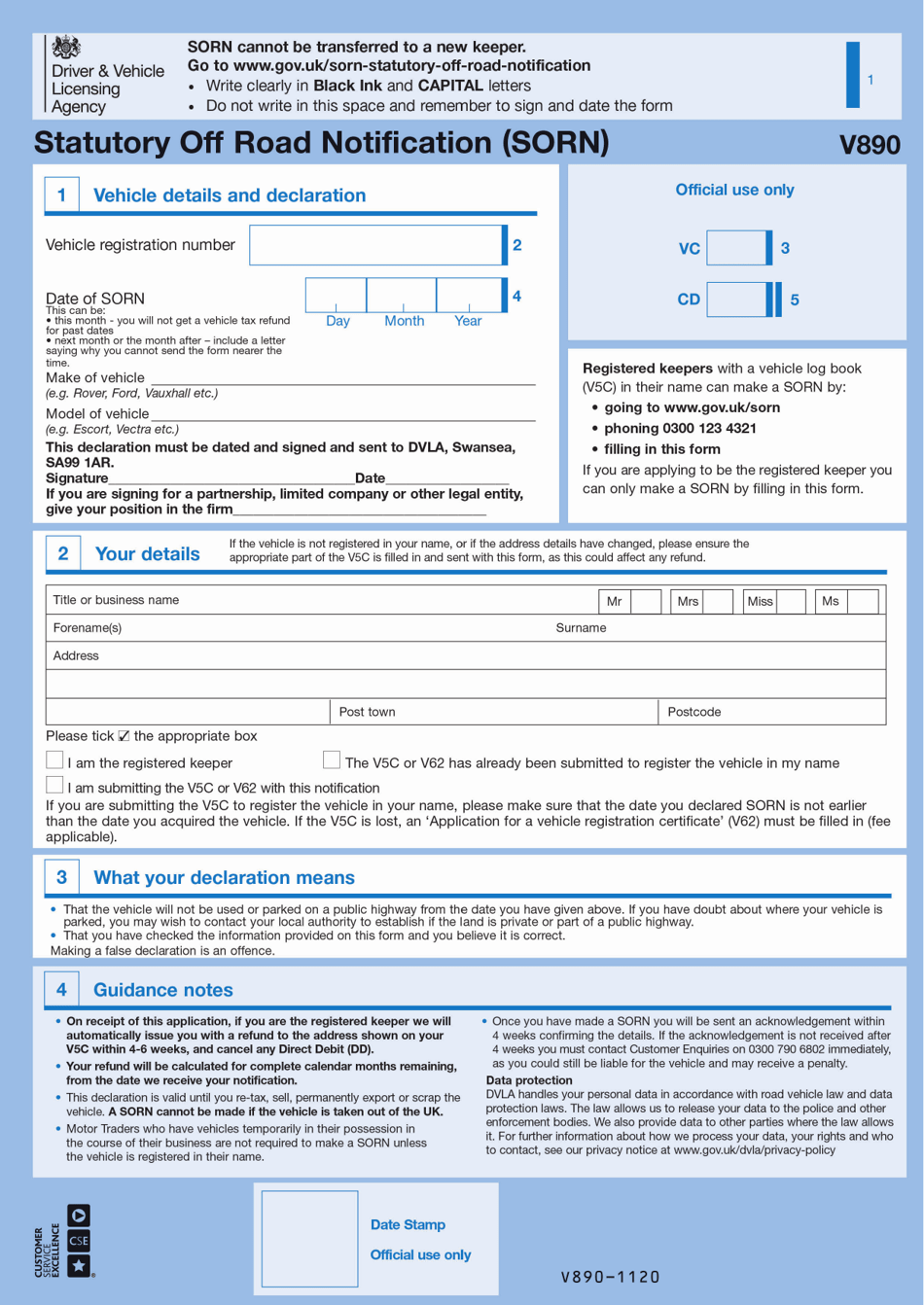 Form V890 Statutory off Road Notification (Sorn) - United Kingdom, Page 1