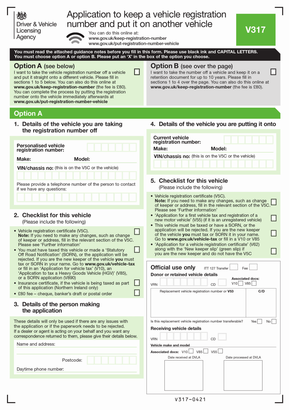 Form V317 Application to Keep a Vehicle Registration Number and Put It on Another Vehicle - United Kingdom, Page 1