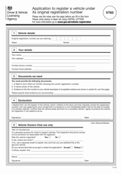 Document preview: Form V765 Application to Register a Vehicle Under Its Original Registration Number - United Kingdom