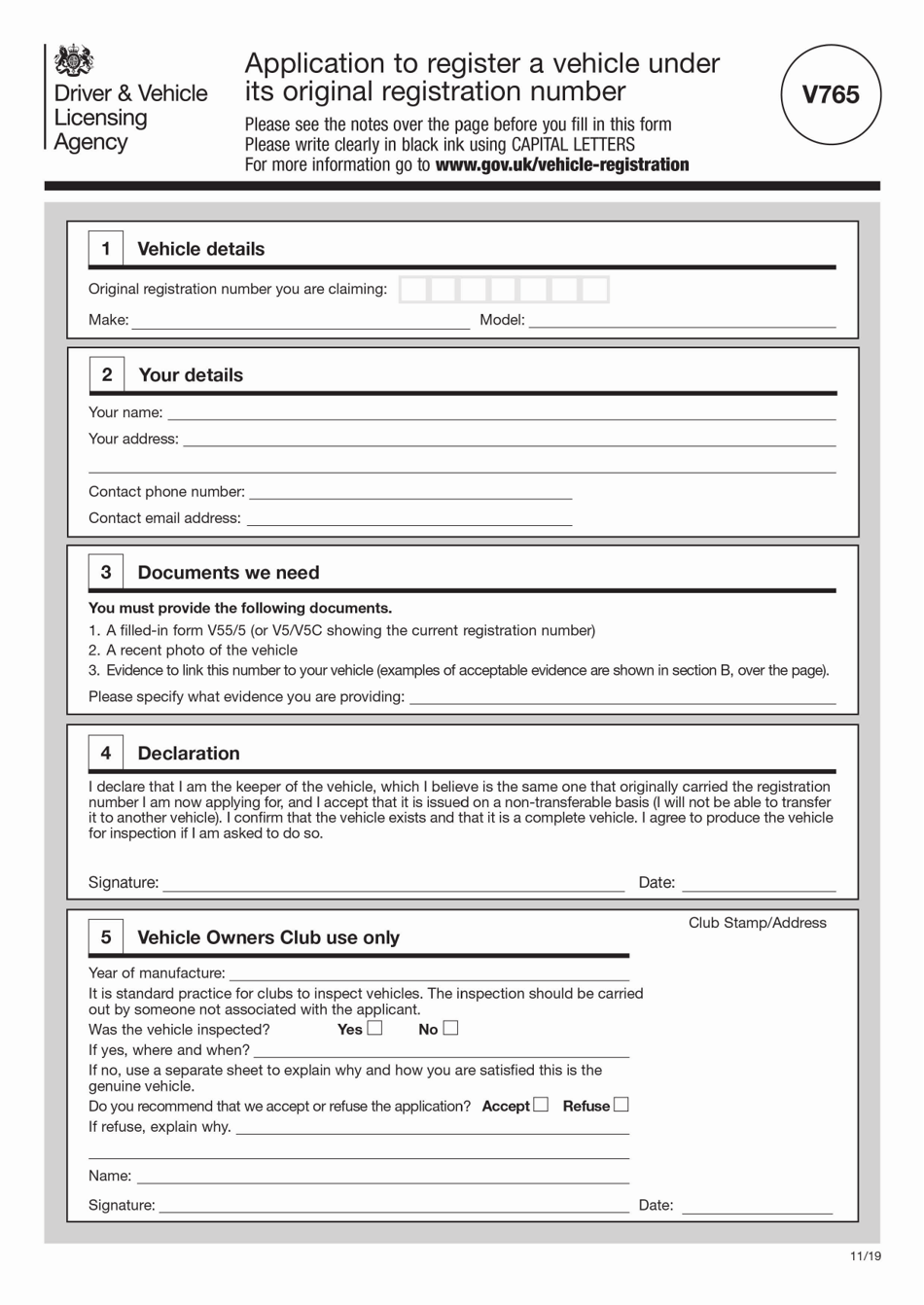Form V765 Application to Register a Vehicle Under Its Original Registration Number - United Kingdom, Page 1