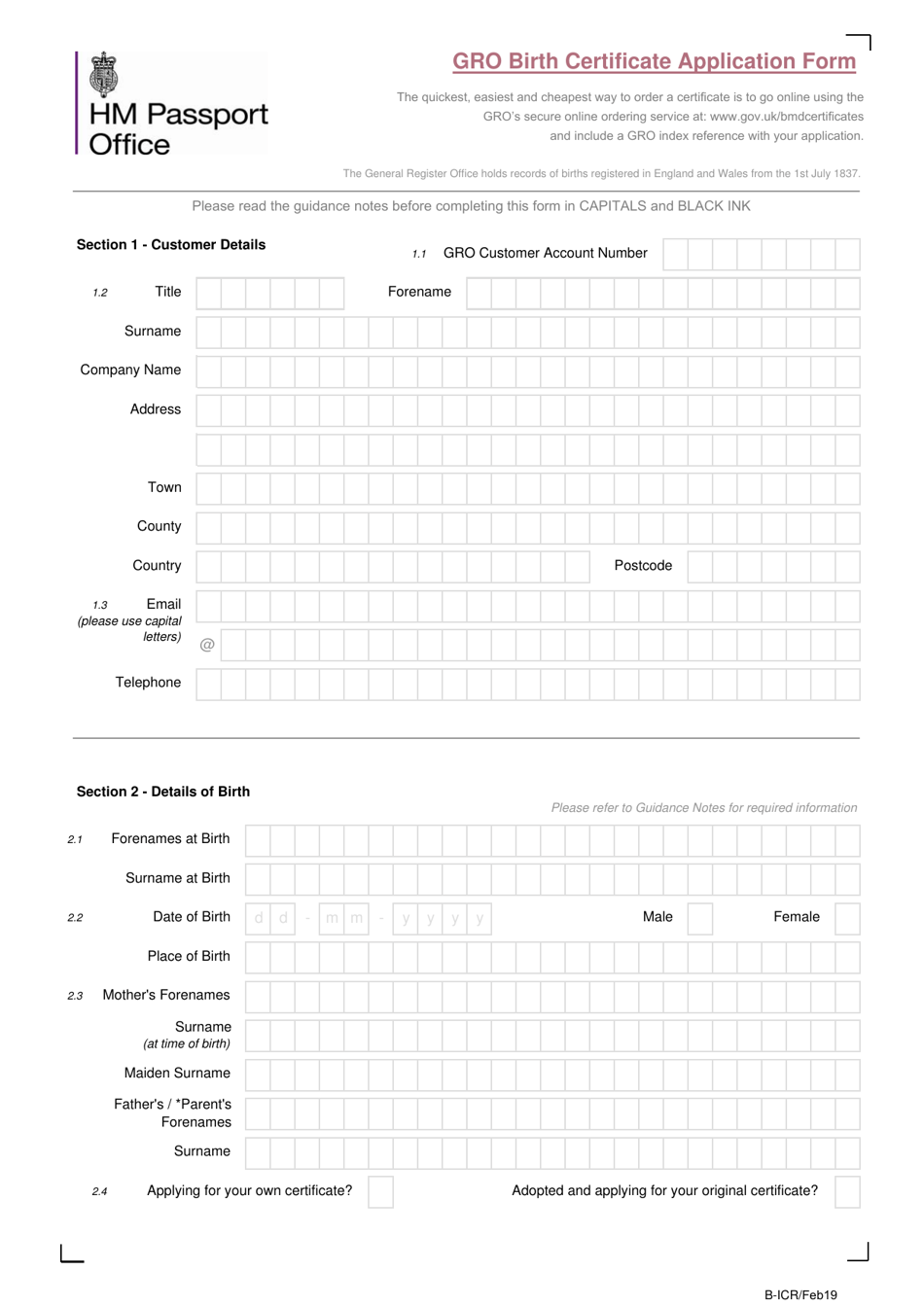 Gro Birth Certificate Application Form - United Kingdom, Page 1