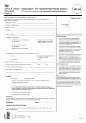 Form VTL310 &quot;Application for Replacement Trade Plates&quot; - United Kingdom