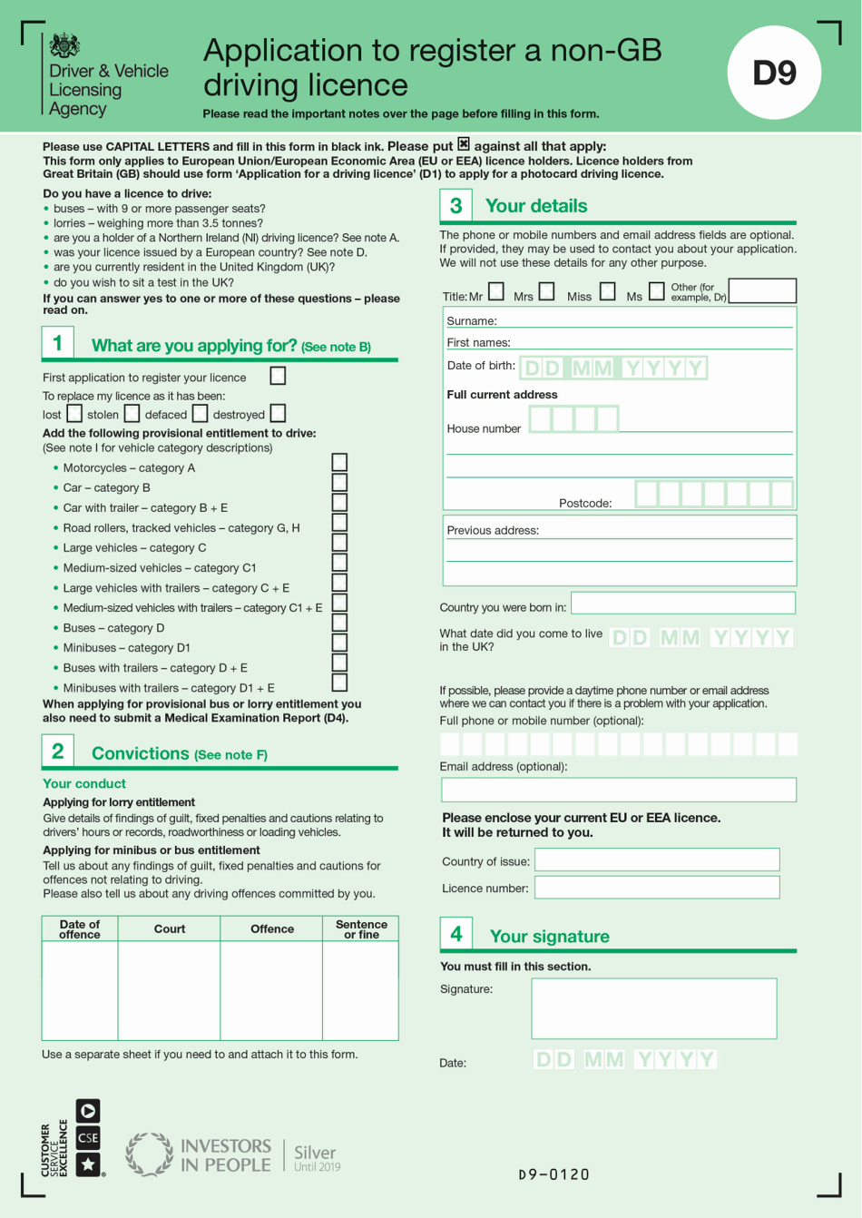 Form D9 Application to Register a Non-gb Driving Licence - United Kingdom, Page 1