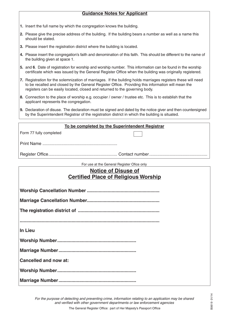 Form 77 Notice of the Disuse of a Certified Place of Meeting for Religious Worship - United Kingdom, Page 2