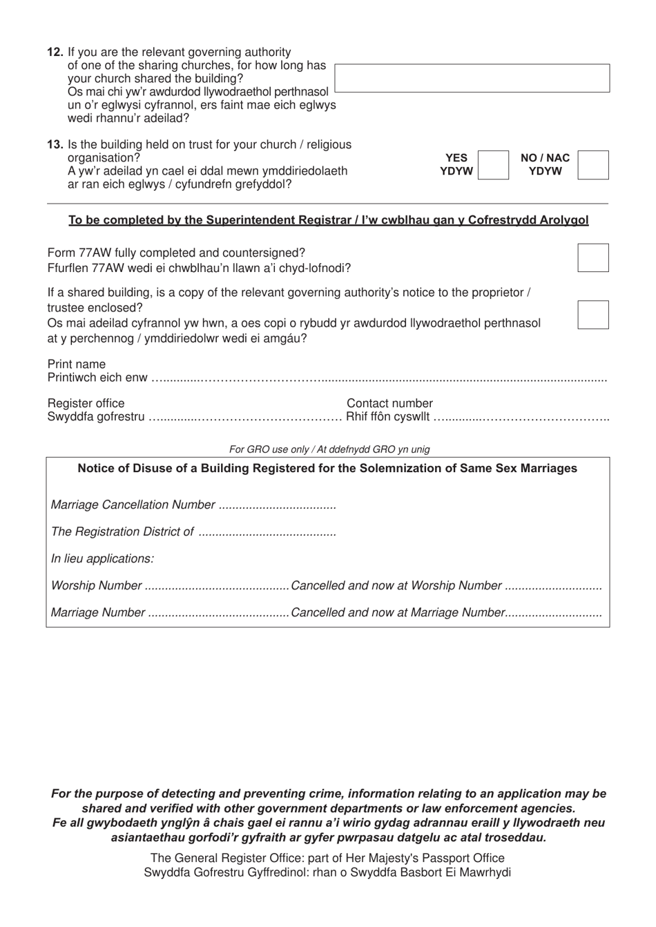 Form 77AW Notice of the Cancellation of the Registration of a Building for the Solemnization of Marriages of Same Sex Couples Pursuant to the Marriage Act 1949 - United Kingdom (English / Welsh), Page 3