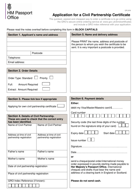 Application for a Civil Partnership Certificate - United Kingdom Download Pdf