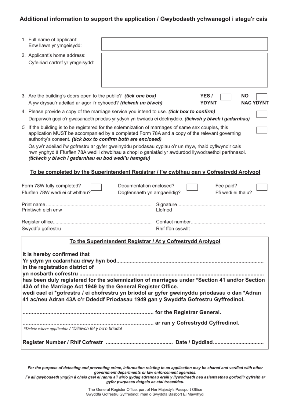 Form 78W Certificate and Application for the Registration of a Place of Religious Worship for the Solemnization of Marriages Under SEC. 41 and / or SEC. 43a of the Marriage Act 1949 - United Kingdom (English / Welsh), Page 3