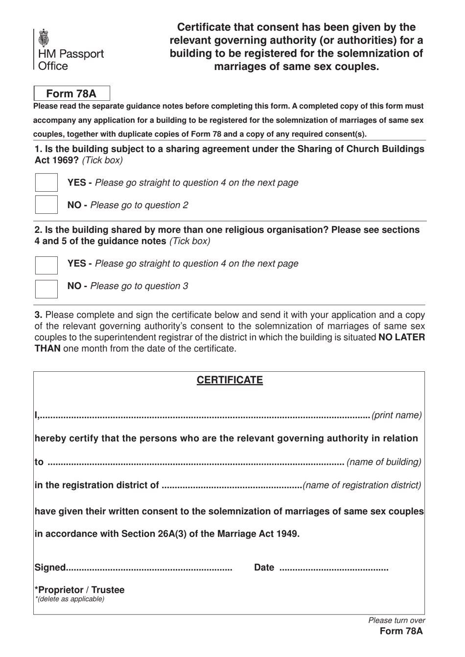 Form 78A Certificate That Consent Has Been Given by the Relevant Governing Authority (Or Authorities) for a Building to Be Registered for the Solemnization of Marriages of Same Sex Couples - United Kingdom, Page 1