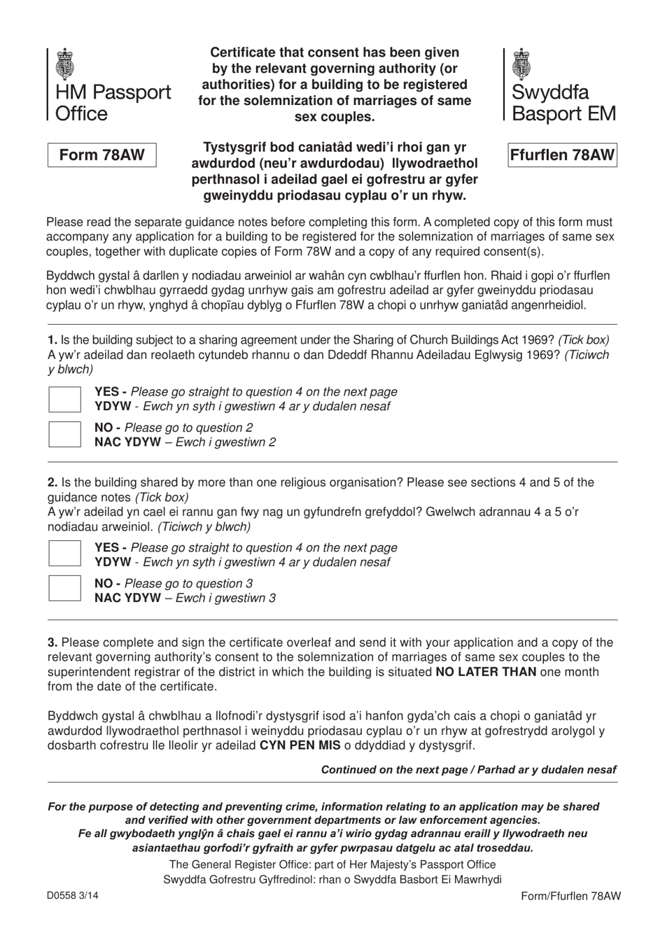 Form 78AW Certificate That Consent Has Been Given by the Relevant Governing Authority (Or Authorities) for a Building to Be Registered for the Solemnization of Marriages of Same Sex Couples - United Kingdom (English / Welsh), Page 1