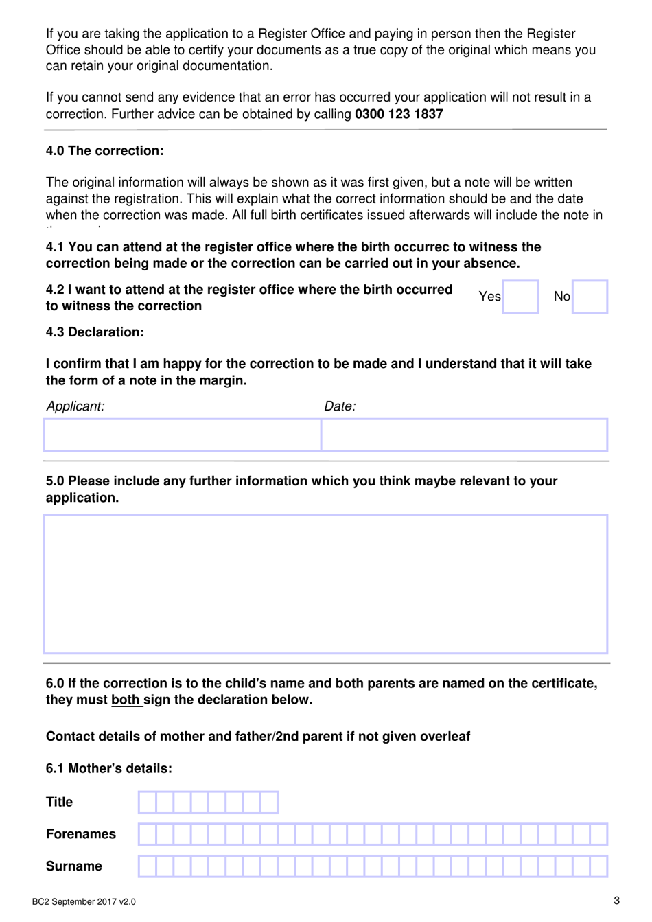 Form BC2 Application Form to Correct the Details on a Birth Registration - United Kingdom, Page 3