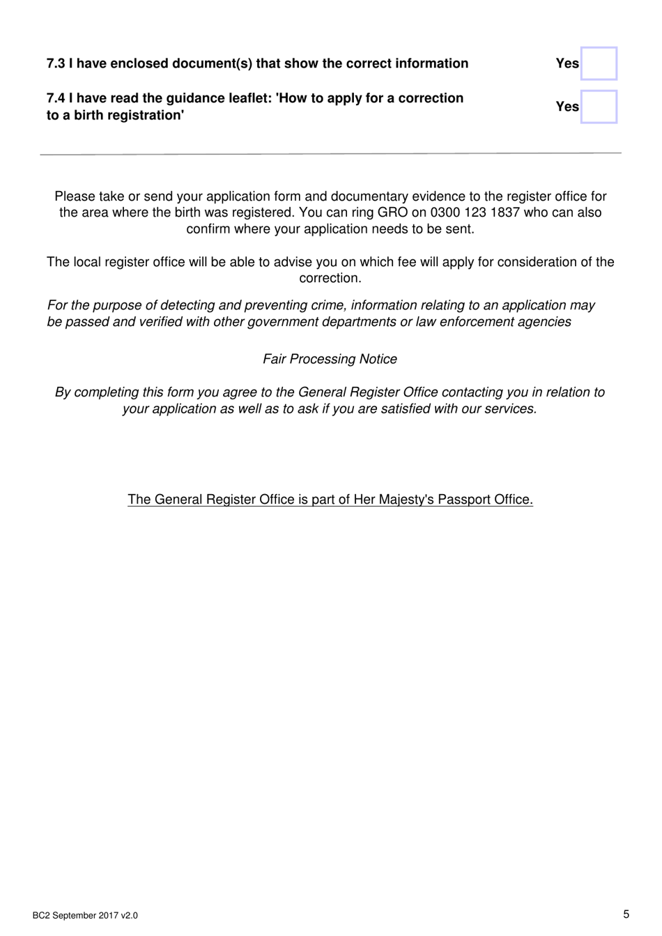Form BC2 Application Form to Correct the Details on a Birth Registration - United Kingdom, Page 5