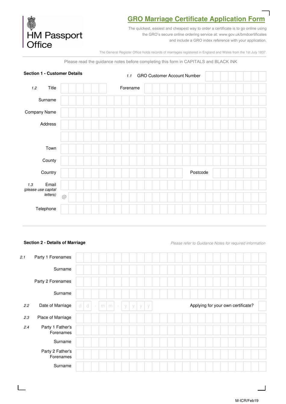 Gro Marriage Certificate Application Form - United Kingdom, Page 1