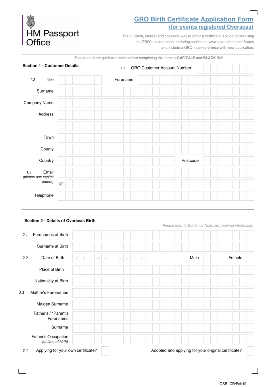 Gro Birth Certificate Application Form (For Events Registered Overseas) - United Kingdom, Page 1