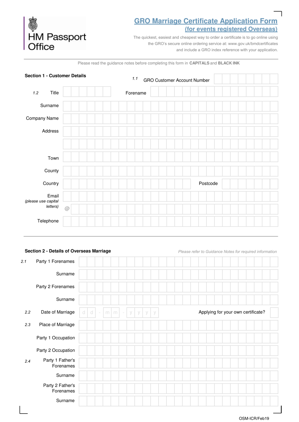 Gro Marriage Certificate Application Form (For Events Registered Overseas) - United Kingdom, Page 1