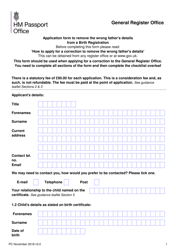 Document preview: Application Form to Remove the Wrong Father's Details From a Birth Registration - United Kingdom
