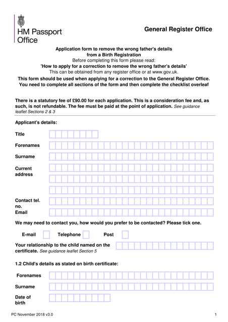 Application Form to Remove the Wrong Father's Details From a Birth Registration - United Kingdom Download Pdf