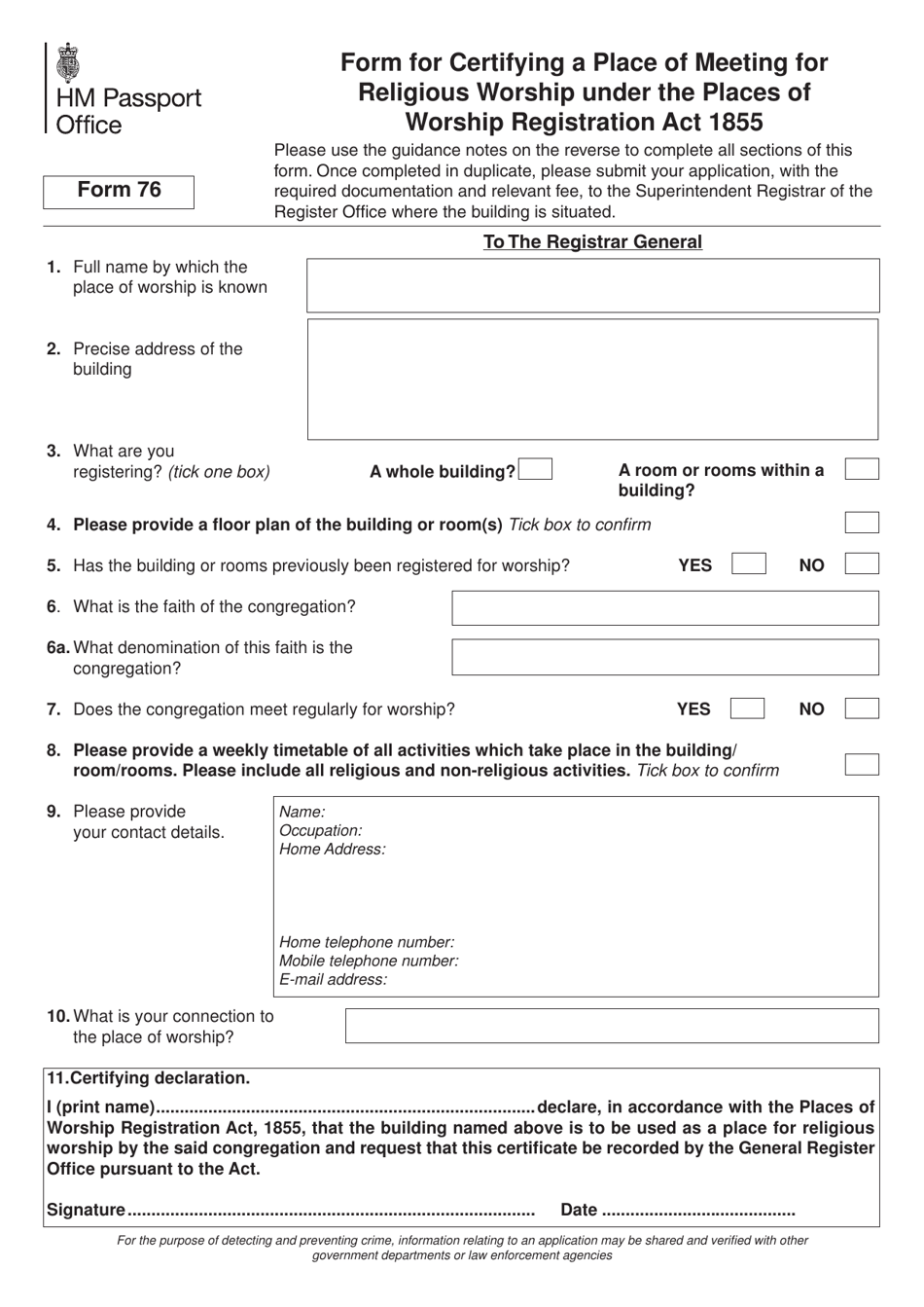 Form 76 Form for Certifying a Place of Meeting for Religious Worship Under the Places of Worship Registration Act 1855 - United Kingdom, Page 1