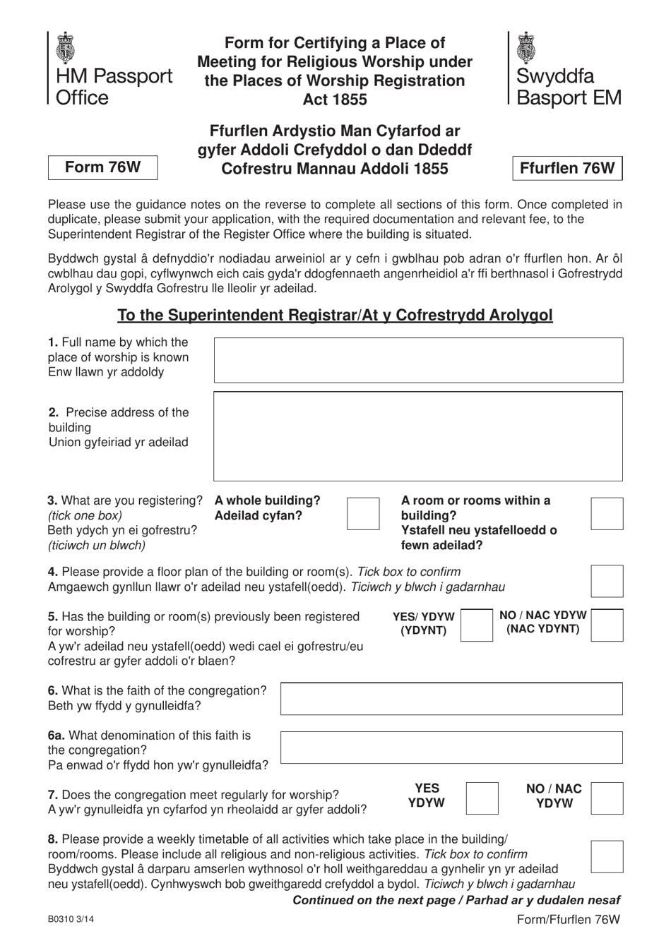Form 76W Form for Certifying a Place of Meeting for Religious Worship Under the Places of Worship Registration Act 1855 - United Kingdom (English/Welsh), Page 1