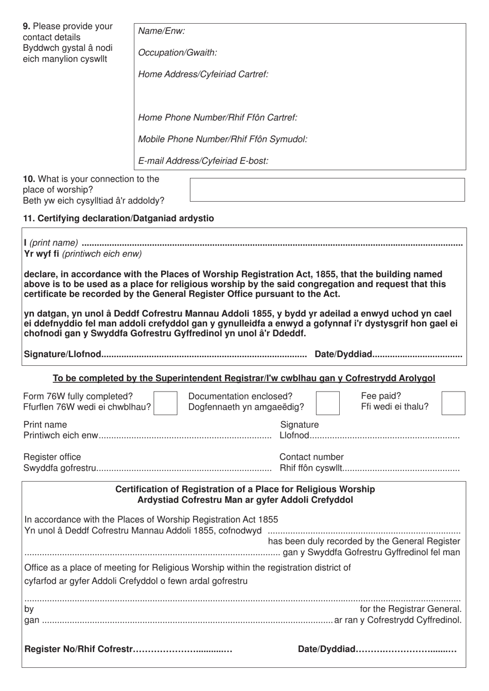 Form 76W Form for Certifying a Place of Meeting for Religious Worship Under the Places of Worship Registration Act 1855 - United Kingdom (English / Welsh), Page 2