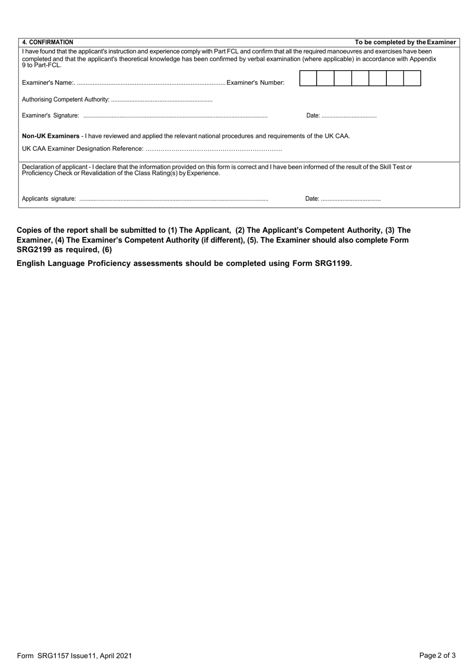 Form SRG1157 Examiners Report - for Single Pilot Aeroplanes (SPA) Skill Test for Issue of Class and Type Ratings and Proficiency Checks for Revalidation and Renewal of Class, Type and Instrument Ratings, Revalidation by Experience of Class Ratings, Excluding Sp High Performance Complex Aeroplanes and Sea Class Ratings in Accordance With Part-Fcl. (European Commission Regulation (Eu)no 1178 / 2011 as Amended) - United Kingdom, Page 2