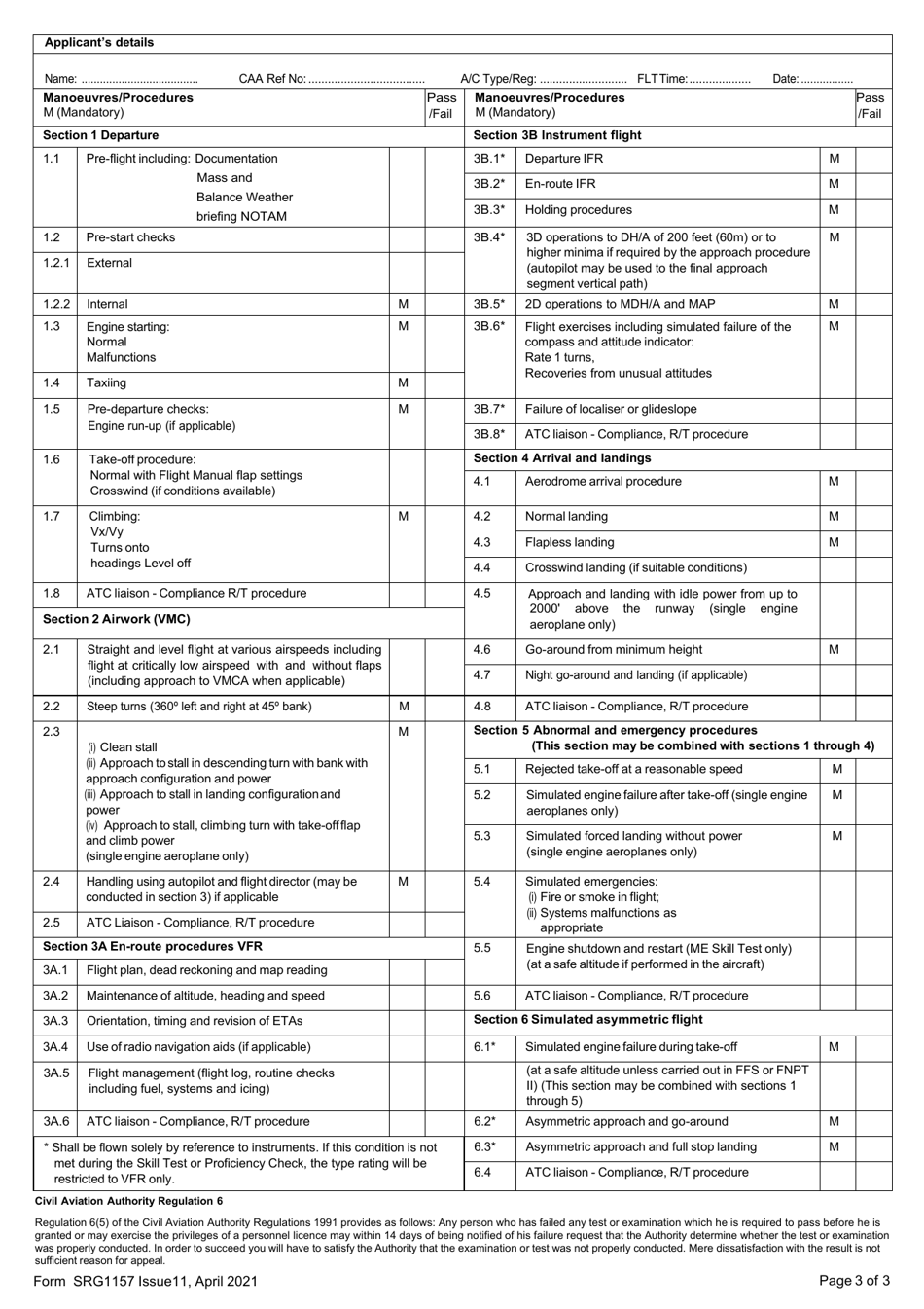 Form SRG1157 Examiners Report - for Single Pilot Aeroplanes (SPA) Skill Test for Issue of Class and Type Ratings and Proficiency Checks for Revalidation and Renewal of Class, Type and Instrument Ratings, Revalidation by Experience of Class Ratings, Excluding Sp High Performance Complex Aeroplanes and Sea Class Ratings in Accordance With Part-Fcl. (European Commission Regulation (Eu)no 1178 / 2011 as Amended) - United Kingdom, Page 3