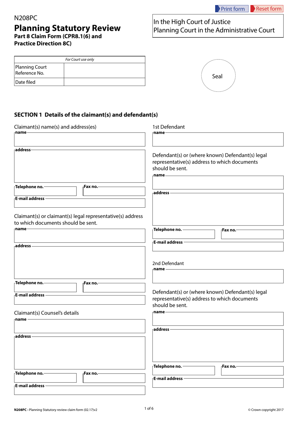 Form N208PC Planning Statutory Review - Part 8 Claim Form (Cpr8.1(6) and Practice Direction 8c) - United Kingdom, Page 1