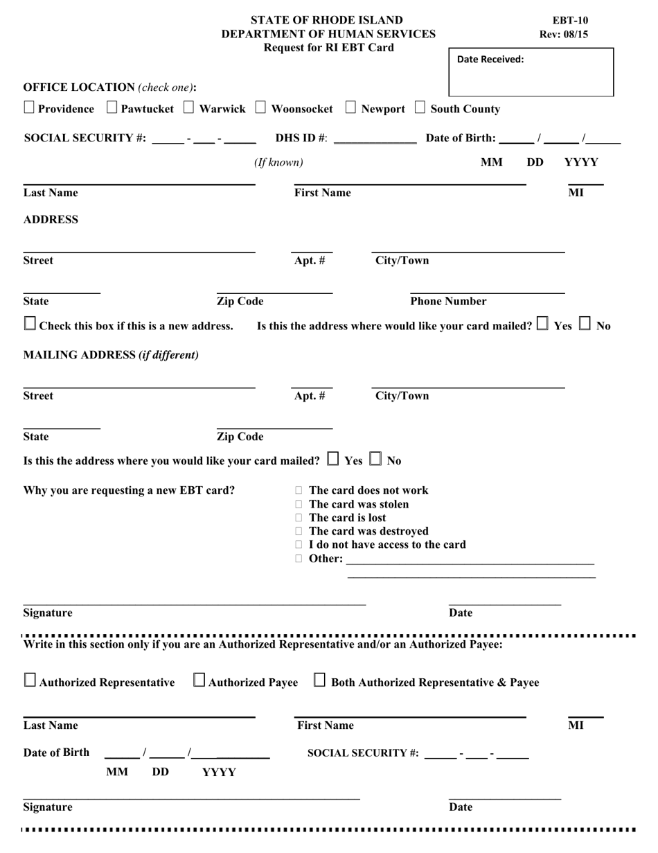 Form EBT-10 Request for Ri Ebt Card - Rhode Island, Page 1