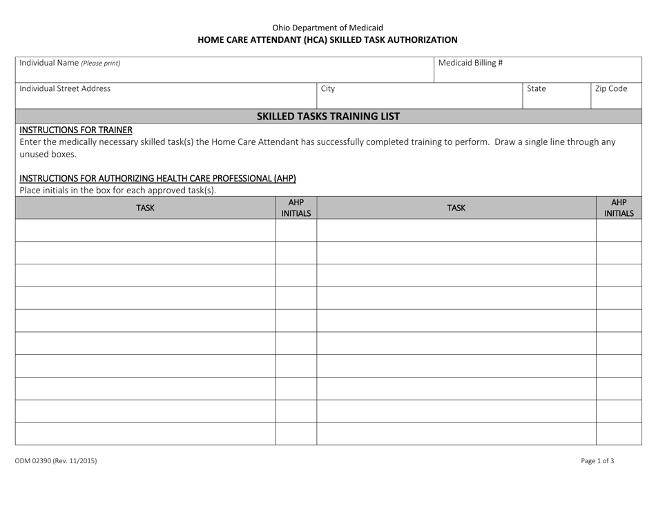Form ODM02390 Home Care Attendant (Hca) Skilled Task Authorization - Ohio, Page 1