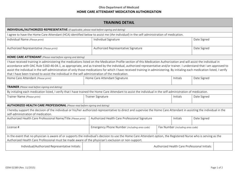Form ODM02389 Home Care Attendant Medication Authorization - Ohio