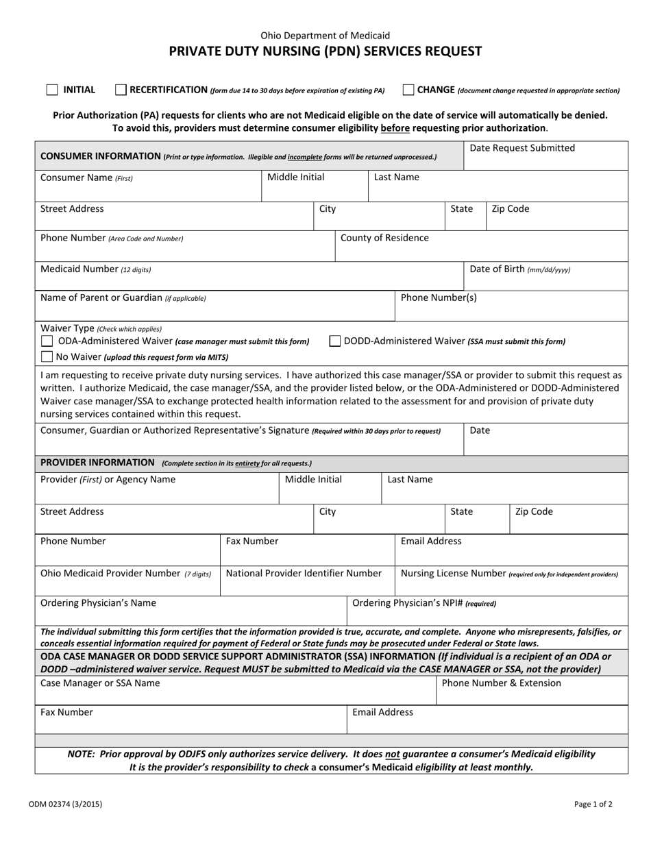 Form ODM02374 Private Duty Nursing (Pdn) Services Request - Ohio, Page 1