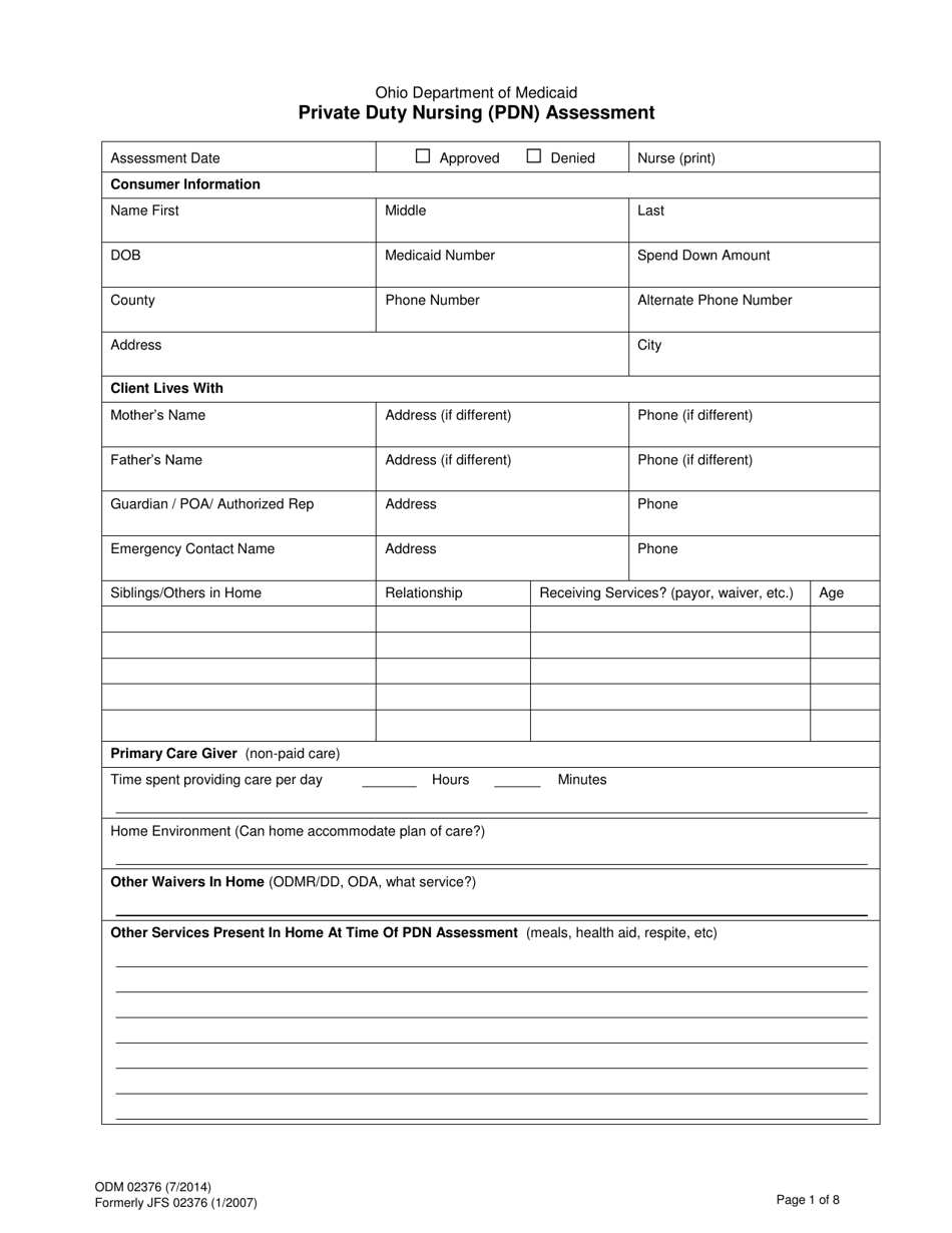 Form ODM02376 Private Duty Nursing (Pdn) Assessment - Ohio, Page 1