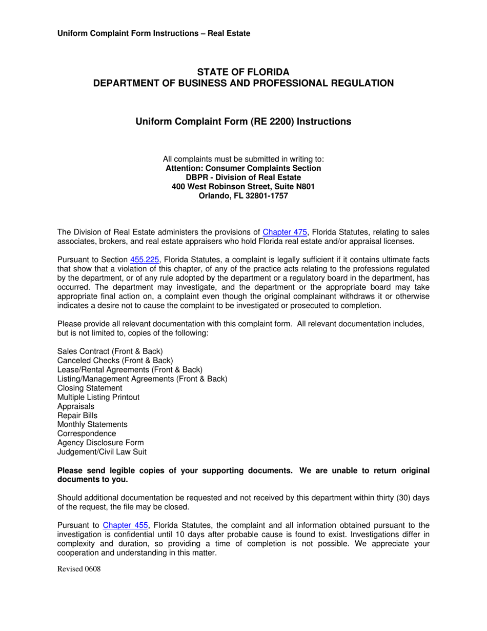 Form RE2200 Fill Out, Sign Online and Download Fillable PDF, Florida