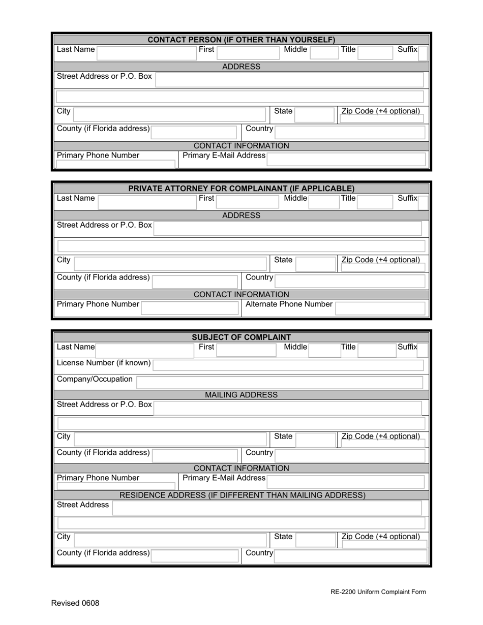 Form RE2200 Uniform Complaint Form - Real Estate - Florida, Page 3
