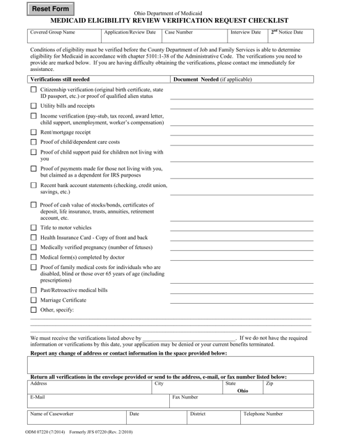 Form ODM07220 Medicaid Eligibility Review Verification Request Checklist - Ohio