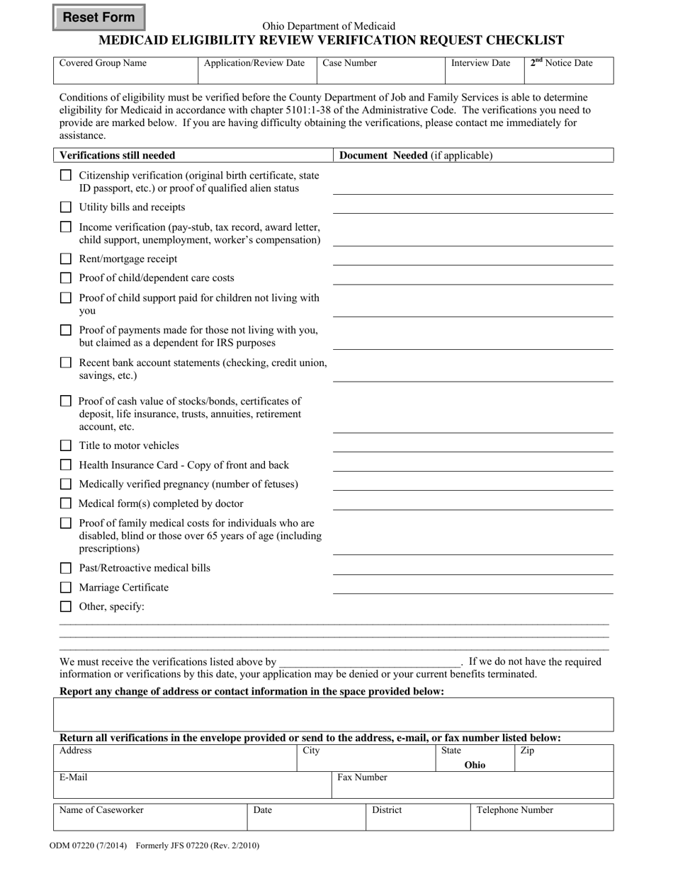 Form ODM07220 Medicaid Eligibility Review Verification Request Checklist - Ohio, Page 1