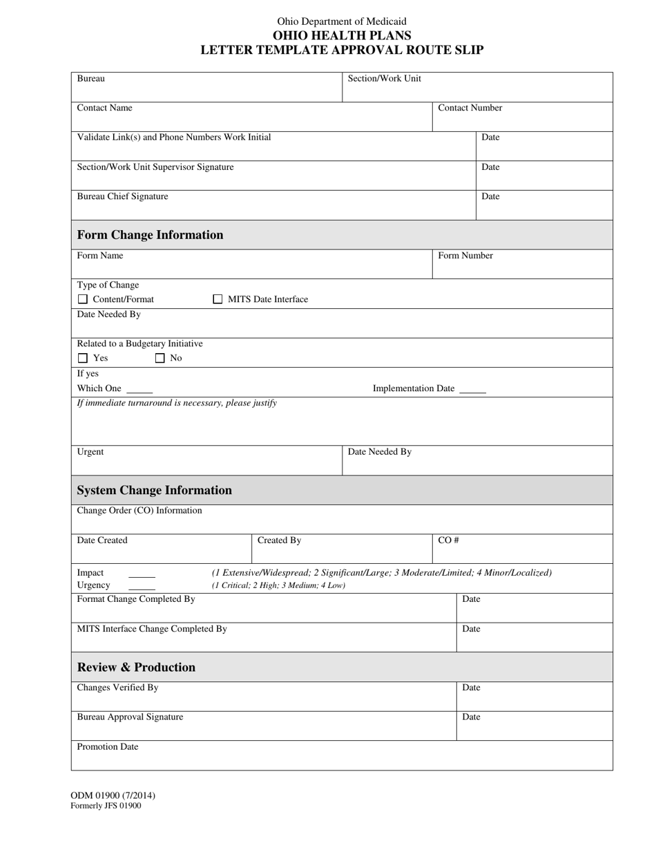 Form ODM01900 Ohio Health Plans Letter Template Approval Route Slip - Ohio, Page 1