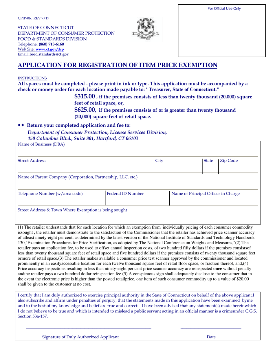 Form CPIP-06 Application for Registration of Item Price Exemption - Connecticut, Page 1