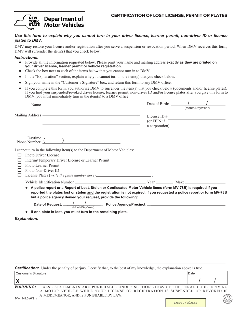 Form MV-1441.3 Certification of Lost License, Permit or Plates - New York, Page 1