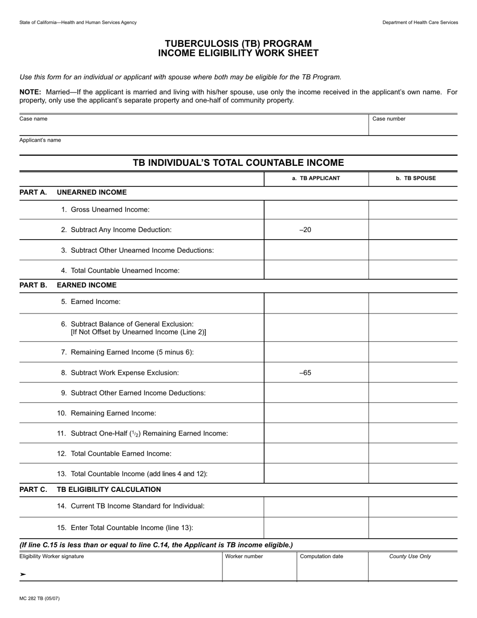 Form MC282 TB Tuberculosis (Tb) Program Income Eligibility Worksheet - California, Page 1