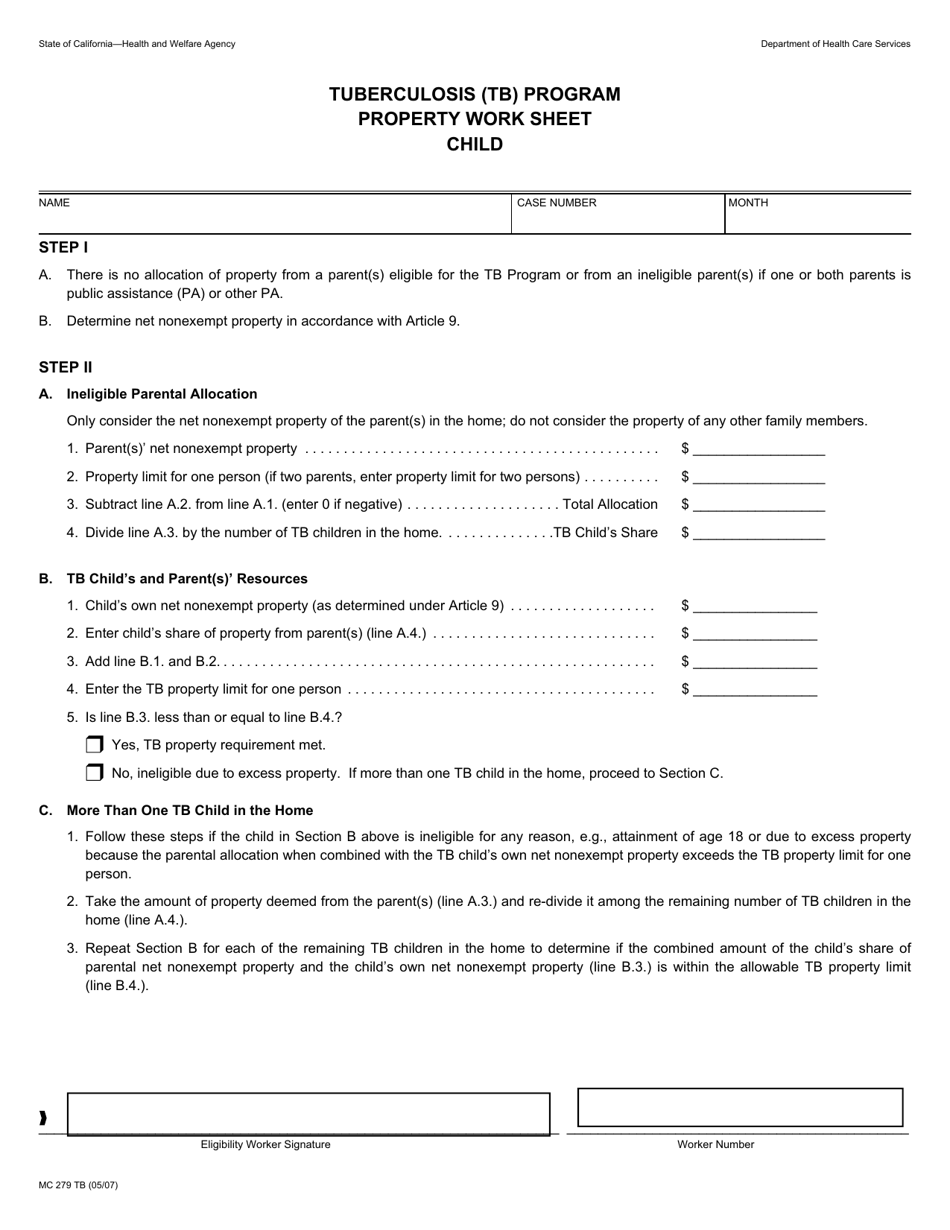 Form MC279 TB Tuberculosis (Tb) Program Property Worksheet - Child - California, Page 1