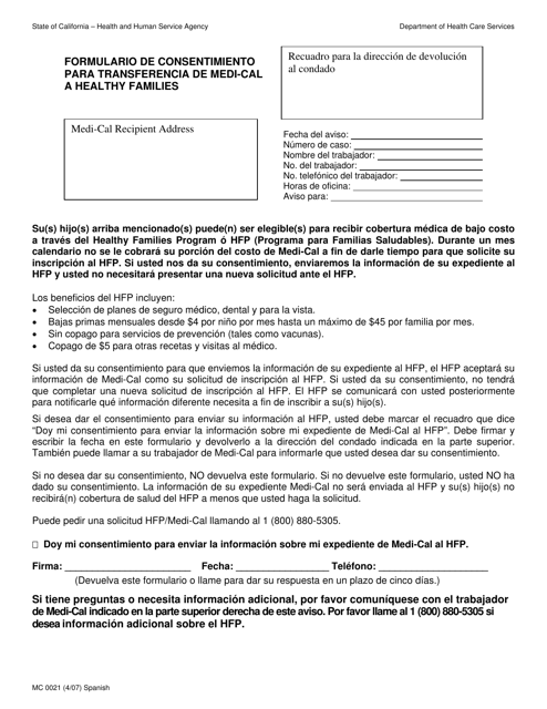 Formulario MC0021 Formulario De Consentimiento Para Transferencia De Medi-Cal a Healthy Families - California (Spanish)