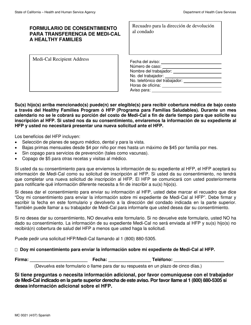 Formulario MC0021 Download Fillable PDF or Fill Online Formulario De  Consentimiento Para Transferencia De Medi-Cal a Healthy Families California  (Spanish) | Templateroller