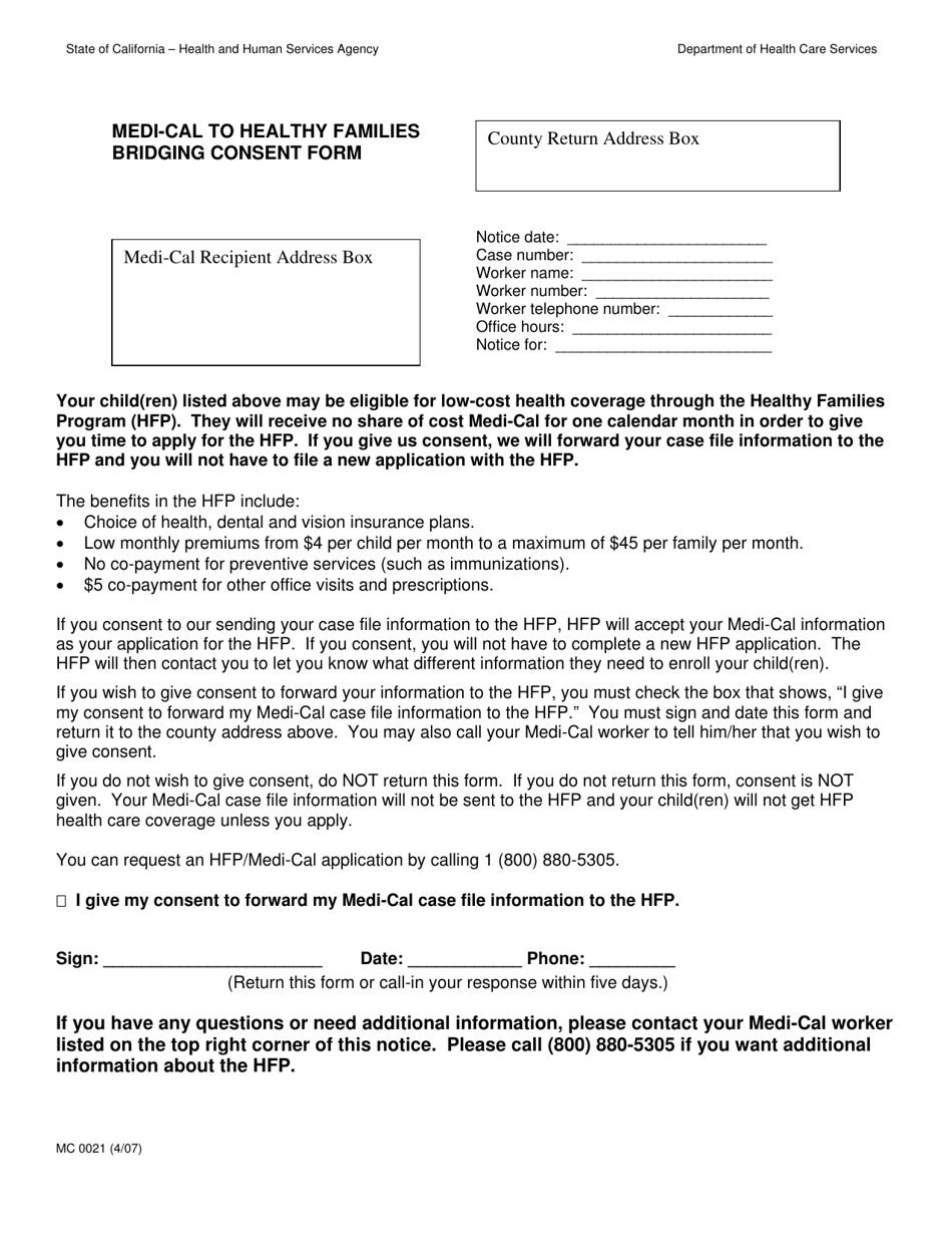 Form MC0021 Medi-Cal to Healthy Families Bridging Consent Form - California, Page 1