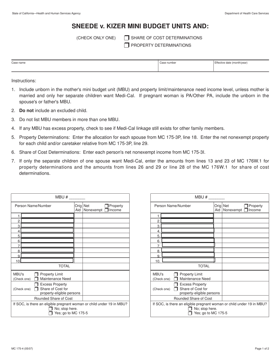 Form MC175-4 Sneede V. Kizer Mini Budget Units and Share of Cost Determinations / Property Determinations - California, Page 1