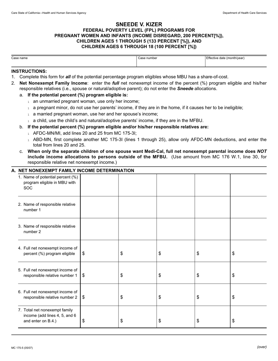Form MC175-5 Federal Poverty Level (Fpl) Programs for Pregnant Women and Infants (Income Disregard, 200 Percent); Children Ages 1 Through 5 (133 Percent); and Children Ages 6 Through 18 (100 Percent) - California, Page 1
