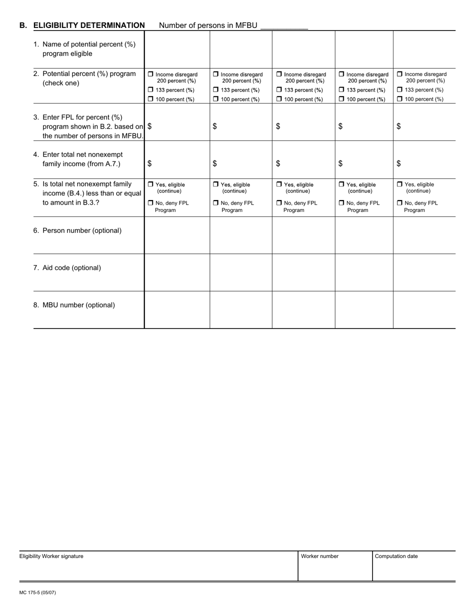 Form MC175-5 Federal Poverty Level (Fpl) Programs for Pregnant Women and Infants (Income Disregard, 200 Percent); Children Ages 1 Through 5 (133 Percent); and Children Ages 6 Through 18 (100 Percent) - California, Page 2